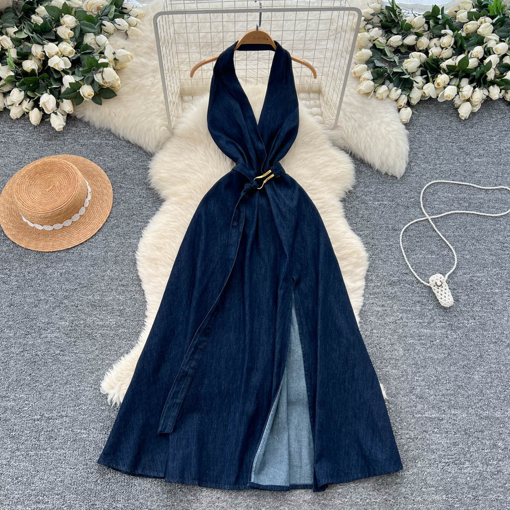 Cool and spicy halter denim dress - women's summer deep v sexy backless slit maxi dress - chic and stunning