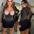 C6858 cross-border   fashion women's solid color mesh rhinestone long sleeve mini dress