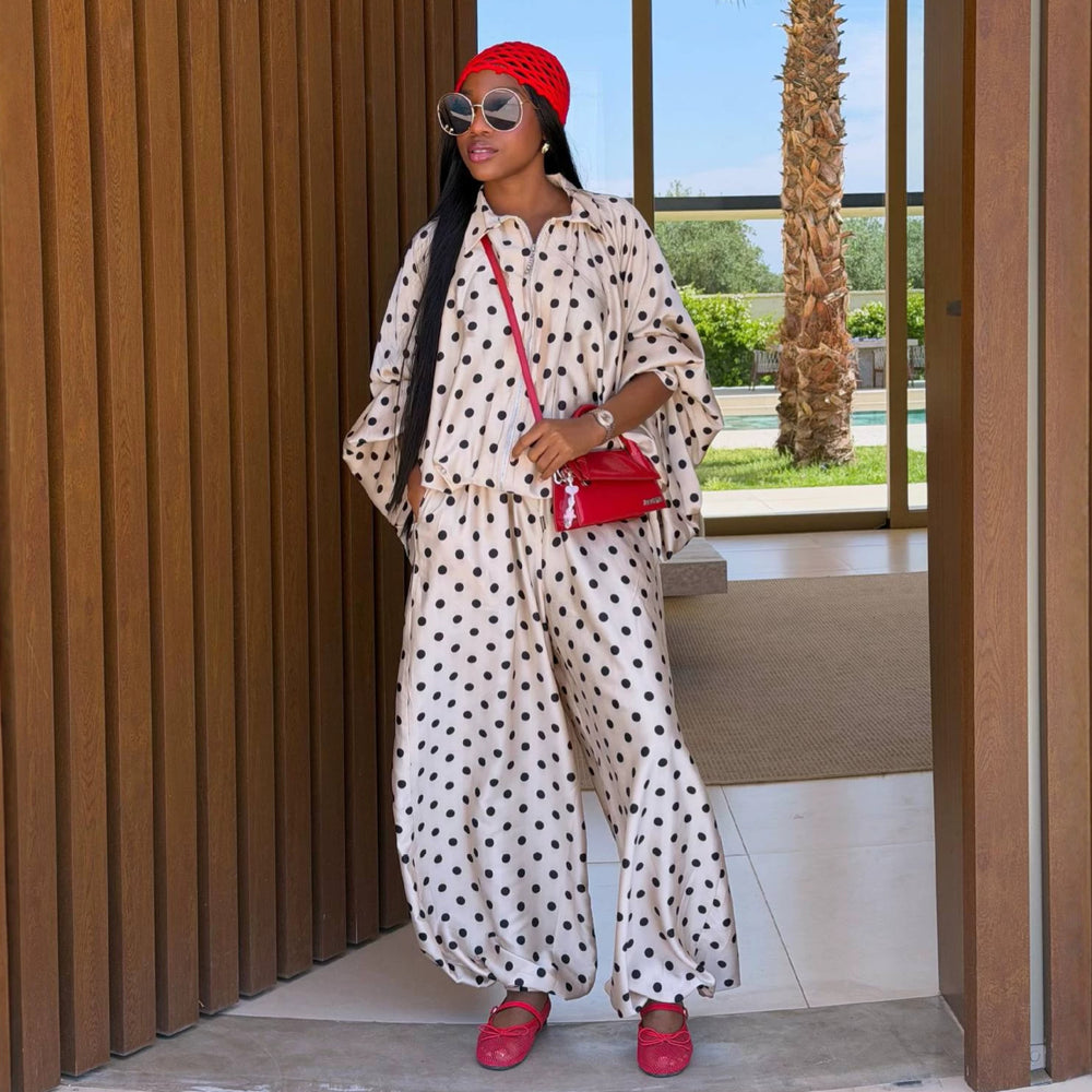 European and american women's clothing  autumn new collection: sweet and fresh polka dot collar batwing sleeve high-waisted lantern pants two-piece set