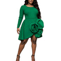 Autumn new arrival: solid color crew neck long sleeve dress - premium ruffle trim, 3d floral appliqué, asymmetrical hem dress