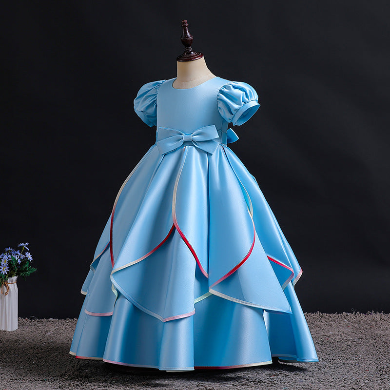 Export kids dress satin rainbow edge princess dress girl puff sleeve high-end birthday piano performance dress