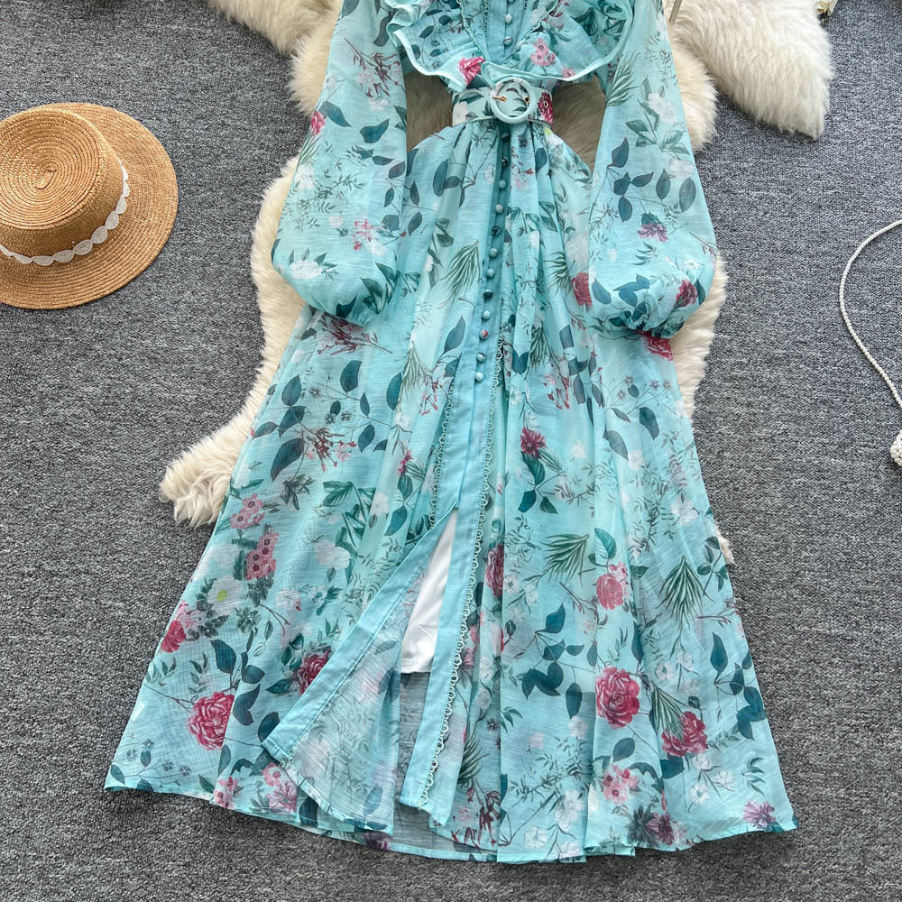 French chic elegant women's fall dress - high-end ruffle trim, tie-waist, printed maxi dress