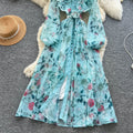 French chic elegant women's fall dress - high-end ruffle trim, tie-waist, printed maxi dress