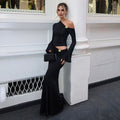 Autumn new arrivals: european and american style fashionable one-shoulder metallic detail flared sleeve top and high-waisted midi skirt set
