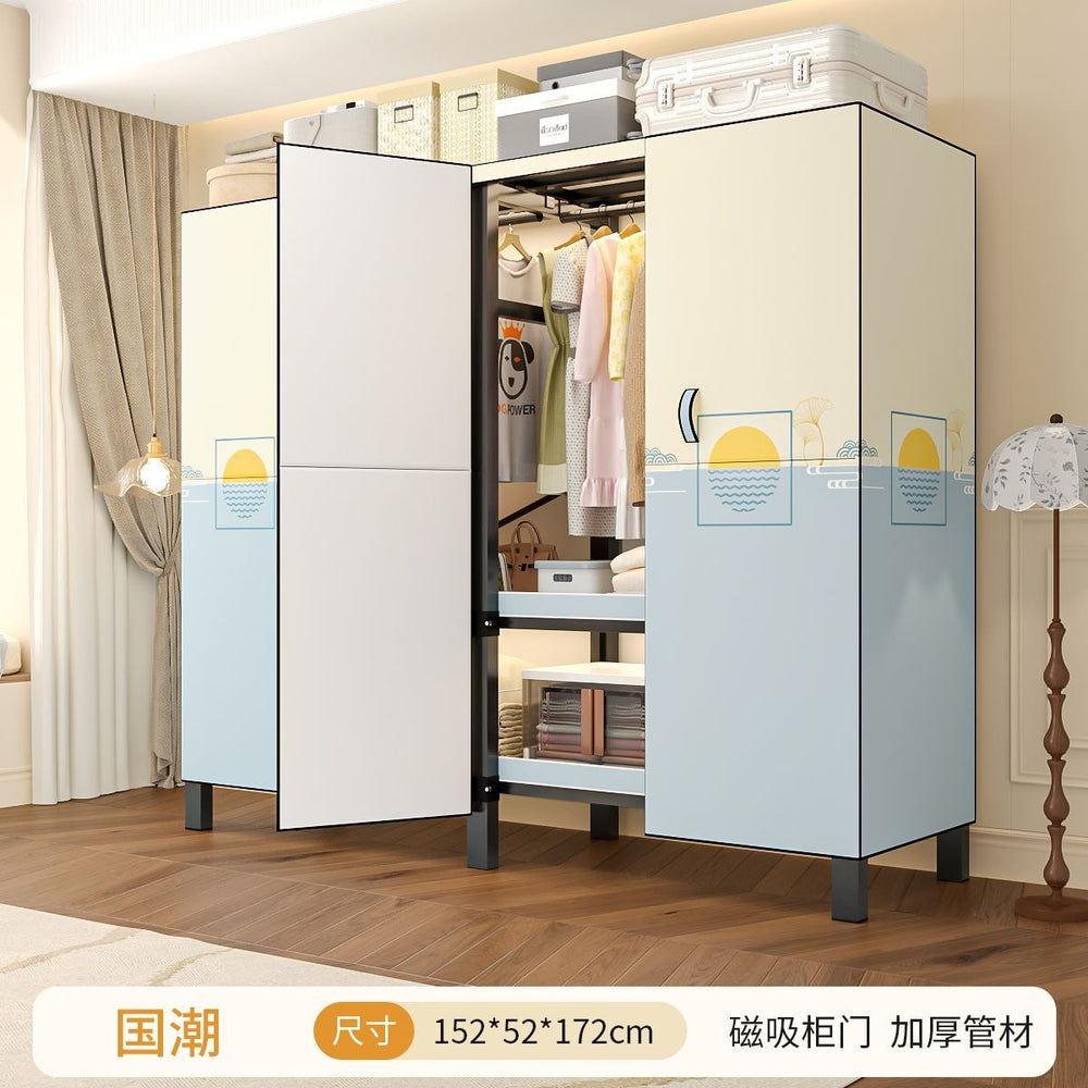 Easy-to-assemble, foldable wardrobe for bedrooms, ideal for home use or rental properties. dustproof, moisture-proof, with reinforced construction, fully sealed, and mildew-resistant. features a convenient swing-out door