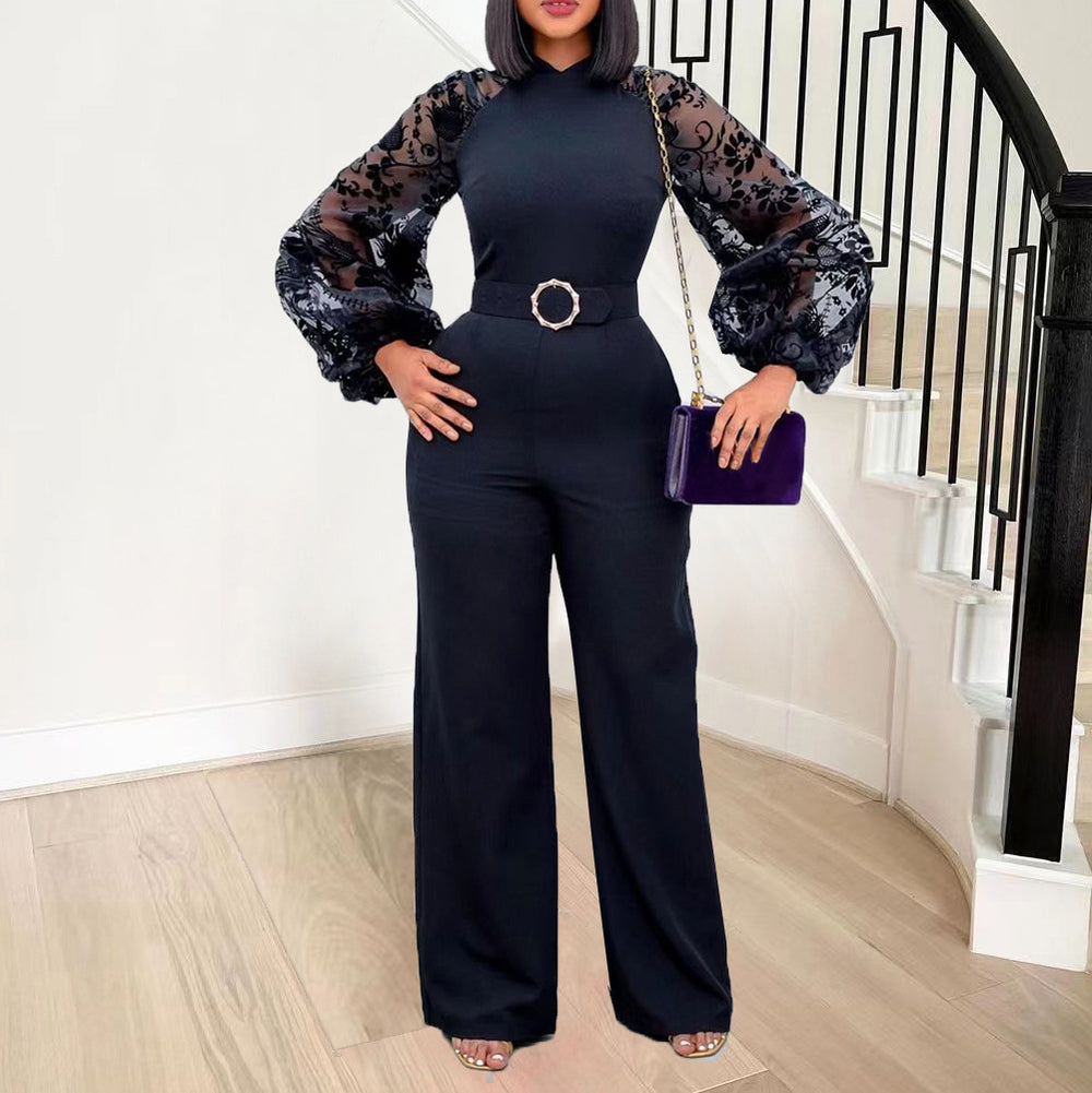 D250 free belt  stand collar mesh lantern sleeves silmplus size women's african wide leg european and american jumpsuit