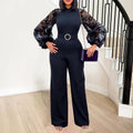 D250 free belt  stand collar mesh lantern sleeves silmplus size women's african wide leg european and american jumpsuit