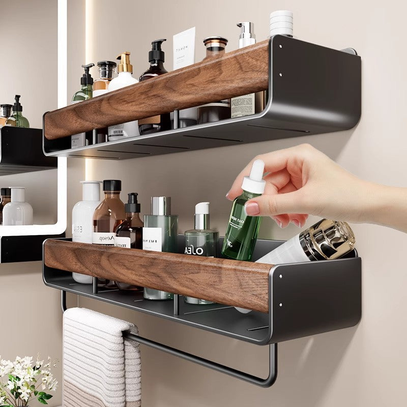 Walnut bathroom storage rack - no drilling required, wall-mounted organizer for vanity, sink, toilet, and bathroom accessories
