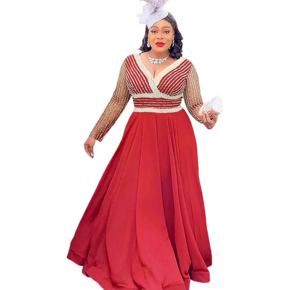 Fashion cross-border export  dress african plus size women's clothing autumnew arrival lace patchwork sequined long skirt