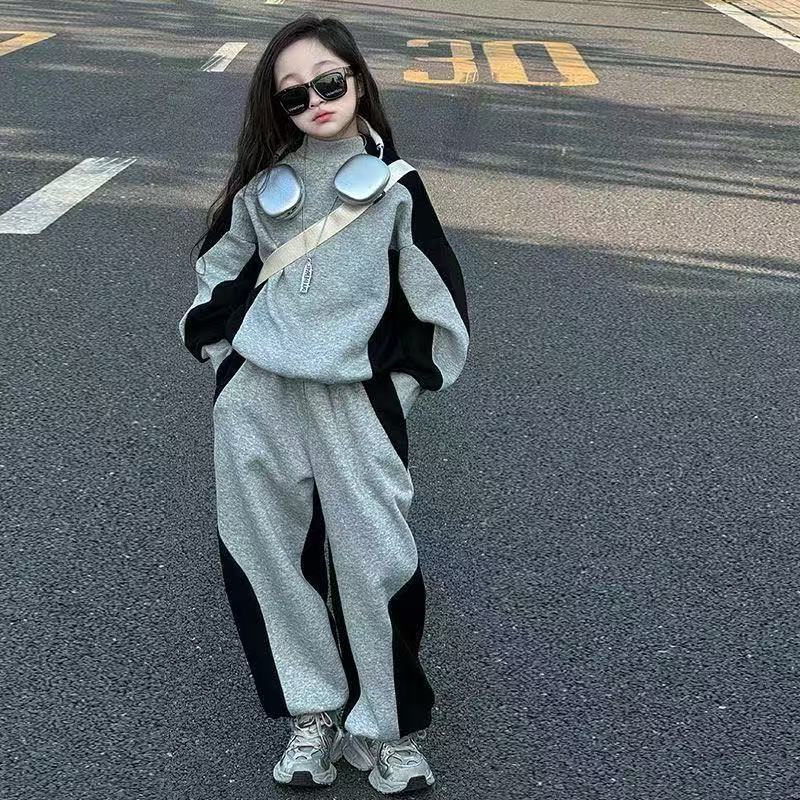 Kids' korean style pants  new color block two-piece set for girls, casual sports sweatpants, spring and autumn fashion (mid-to-large children)