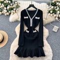 Exportnew arrivalfall and winternew arrivalwaffle gridscontrast color tweed stylev neckknittingdressruffles skirt