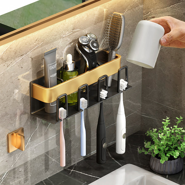 Black gold toothbrush rack Wall-mounted family electric tooth cup rack No punching wall mouthwash cup bathroom hanger