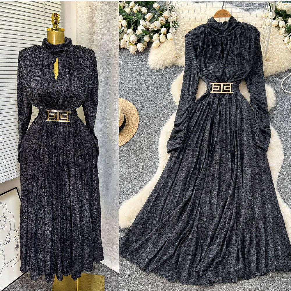 high-end v neck pleated long sleeves waist dress women's slimming look a-line long skirt work clothingelegant large swing long skirt
