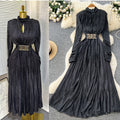 high-end v neck pleated long sleeves waist dress women's slimming look a-line long skirt work clothingelegant large swing long skirt