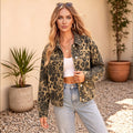 European and american cross-border e-commerce  polo collar long sleeve metal single-breasted leopard print casual washed denim jacket