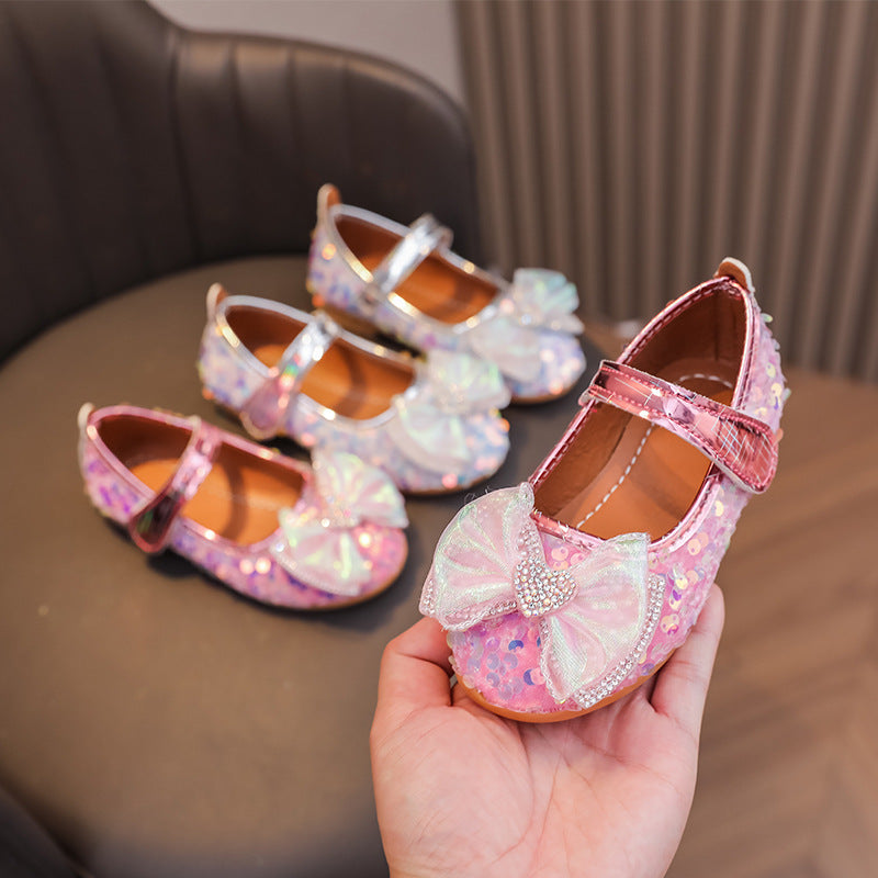 Girls'  spring new collection: sparkling soft-soled princess leather shoes for mid-to-large children - wholesale direct from the manufacturer, featuring hook-and-loop fasteners