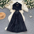 Lightly mature elegance style elastic suit collar dress female summerk-style waist slimming lookpleated long skirt work clothingelegant