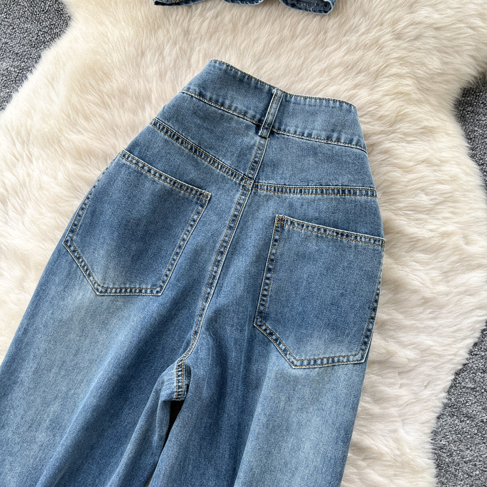 Retro denim casualcasual light mature style two-piece set women's summerhigh waistloose pantsslimming lookstraight-leg vest suit