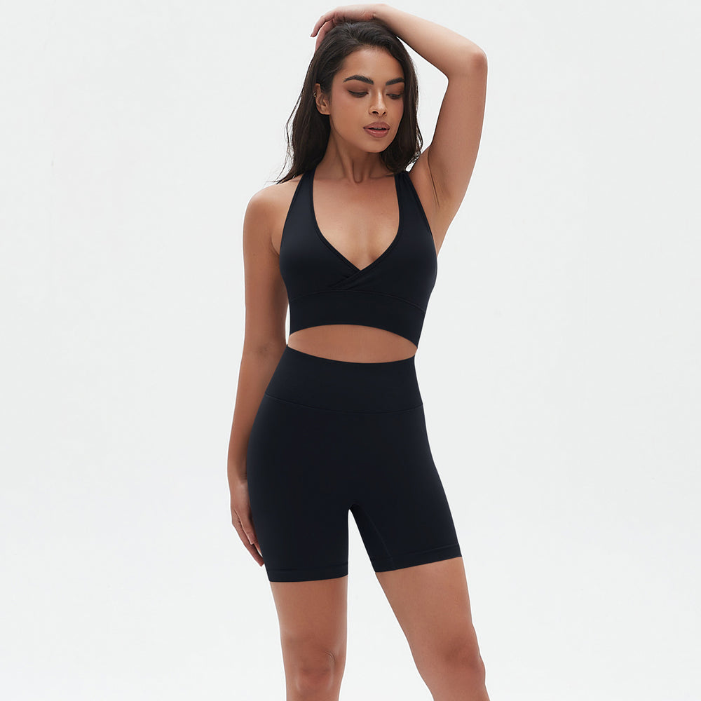 seamless knitting high-elastic tight sexy yoga suit cross-shaped back running fitness two-piece set