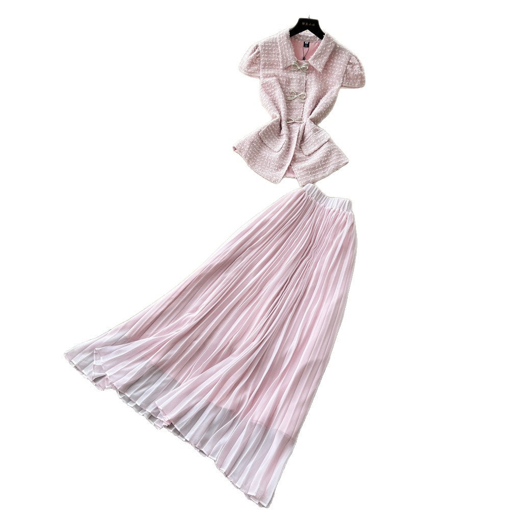 French chic collar sweetheart vest pleated skirt two-piece set - elegant, stylish, and high-end summer collection for women
