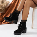 autumn/winter short boots - plus size, high heel, chunky heel, round toe, lace trim, lace-up, back zipper, platform, ethnic style