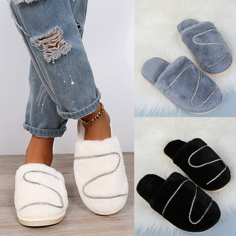 2024 fall/winter new women's closed-toe slippers rhinestone flat z-shaped fuzzy slippers indoor/outdoor fleece-lined cotton slippers
