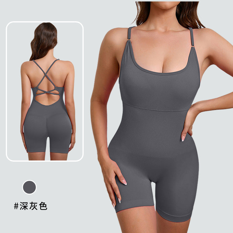 European and american style one-piece yoga bodysuit with removable padded bra, criss-cross back design, breathable, casual, activewear, and shaping bodysuit