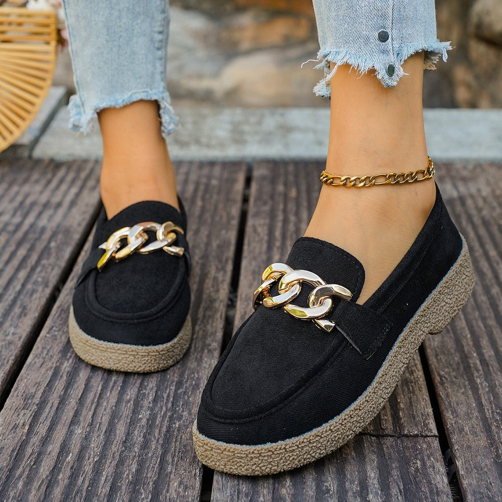 Export metal chain thick bottom loafers for women autumnew arrival cloth large size cross-border low-top shoes wholesale