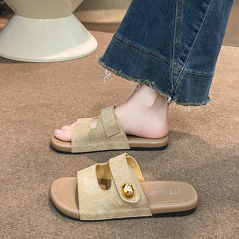 Vintage velcro sandals women's summer new flat bottom fashionable versatile one-strap travel all-match british style women's shoes