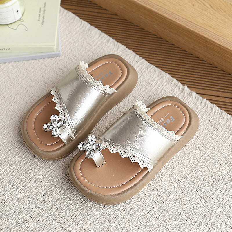 Insfrench rhinestone slippers summernew arrivalk-style girl shoes lace toe princess shoes beach sandals