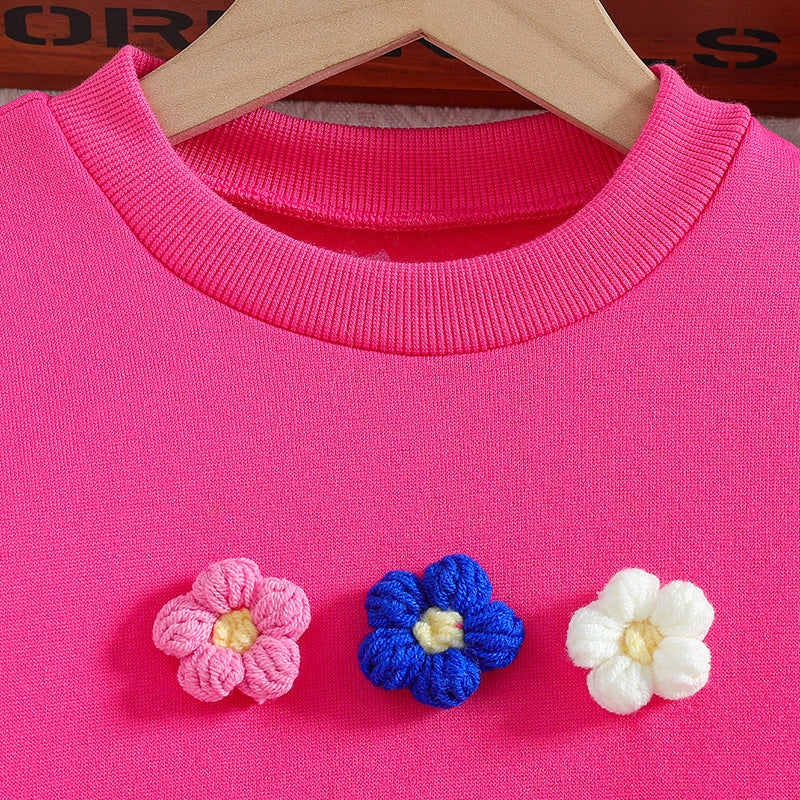 Girls' fall floral outfit: pink ruffle-trimmed pullover sweatshirt and 3d embroidered pants set