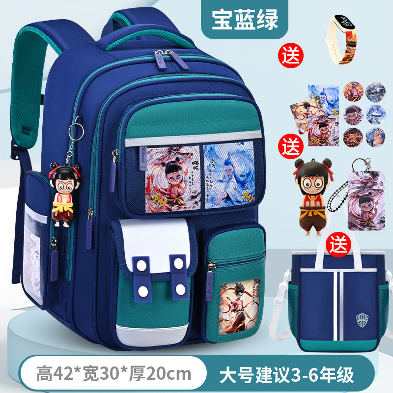 New nezha backpack for elementary school students, grades 1-6, lightweight, spine-protecting, load-reducing, large capacity for boys and girls