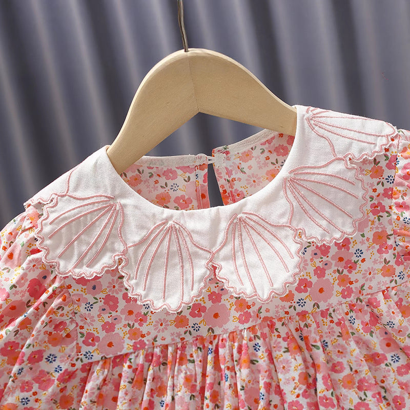 Princess dress for girls, baby summer pink floral dress, girls' dress with shell lace collar, elegant outing dress