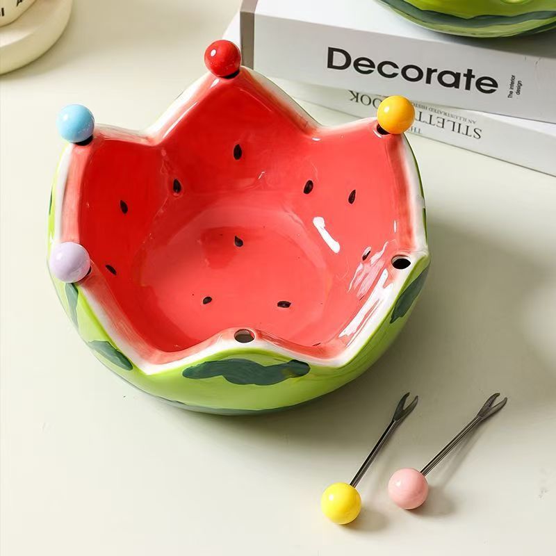 High-style, creative watermelon fruit bowl with fork set – perfect for home, living room coffee table, fruit platter, salad bowl, ceramic bowl