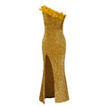 D525  cross-border new fashion elegant asymmetrical neckline high-waisted slit maxi dress sequin gown