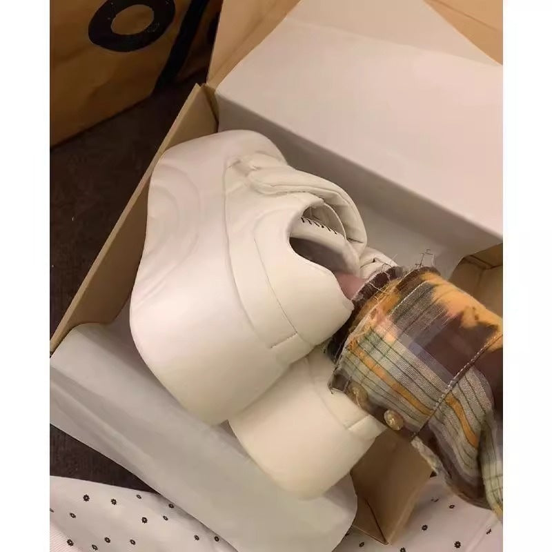 White sneakers for women, spring and summer, height-increasing thick solewhite shoes, velcro ugly sneakers, platform shoes, round-toe bread shoes