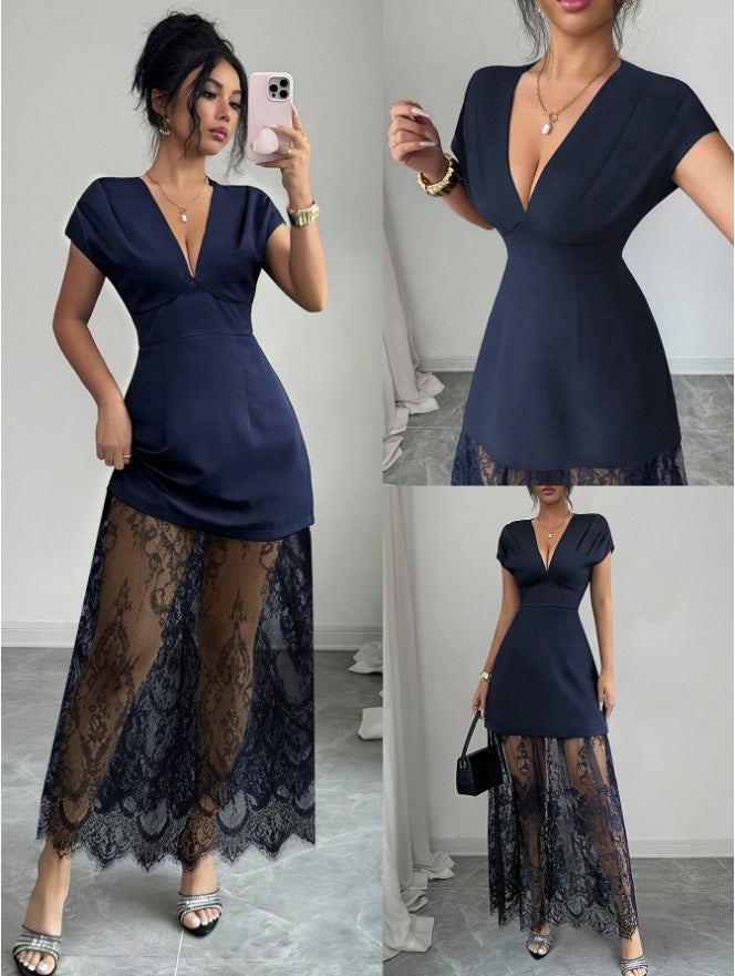 Amazon women's spring/summer new arrivals: elegant v-neck sexy urban lace patchwork short sleeve dress/gown