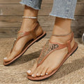 export women's flat flip-flop sandals with metal decorations - new summer casual elastic band beach sandals