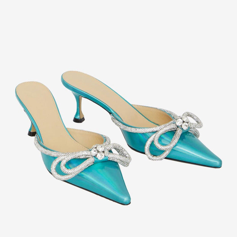Slip-on laser bow rhinestone high-heeled slippers, stiletto heel, pointed toe, half-slippers, outwearfashion style personalized flash