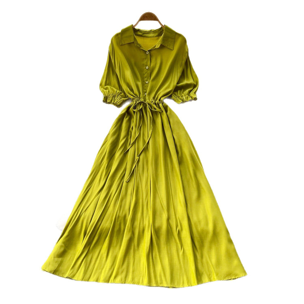 Light mature style single-breasted shirt short-sleeved dress for women summerk-style strap waist slimming lookelegant long skirt work clothing