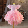 European and american style girls' bubble sleeve dress with 3d floral appliques, tiered cake skirt, and train - ready to ship