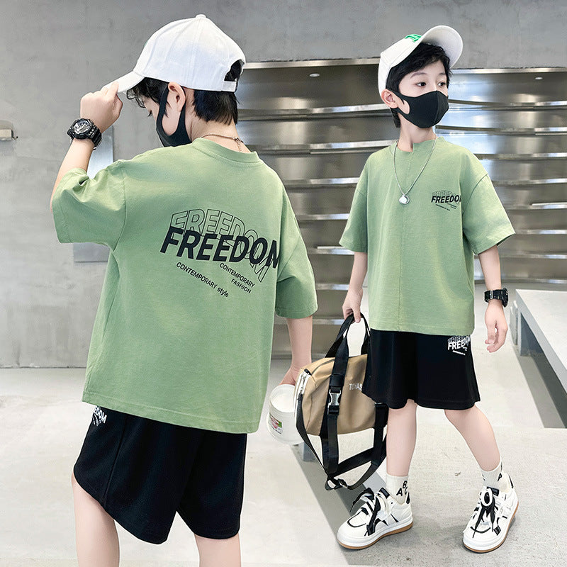 Boys' summer outfit  new summer collection, mid-to-large children's boys' lightweight, stylish, trendy, and cool short-sleeve set