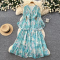 French riviera style rose print v-neck dress - women's spring korean style long sleeve tie-waist slimming maxi dress
