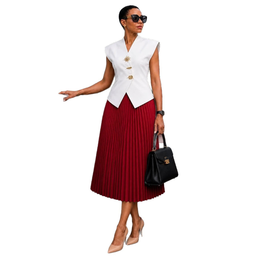 European and american cross-border women's fashion:  summer new arrival - elegant sleeveless vest top and pleated midi skirt set