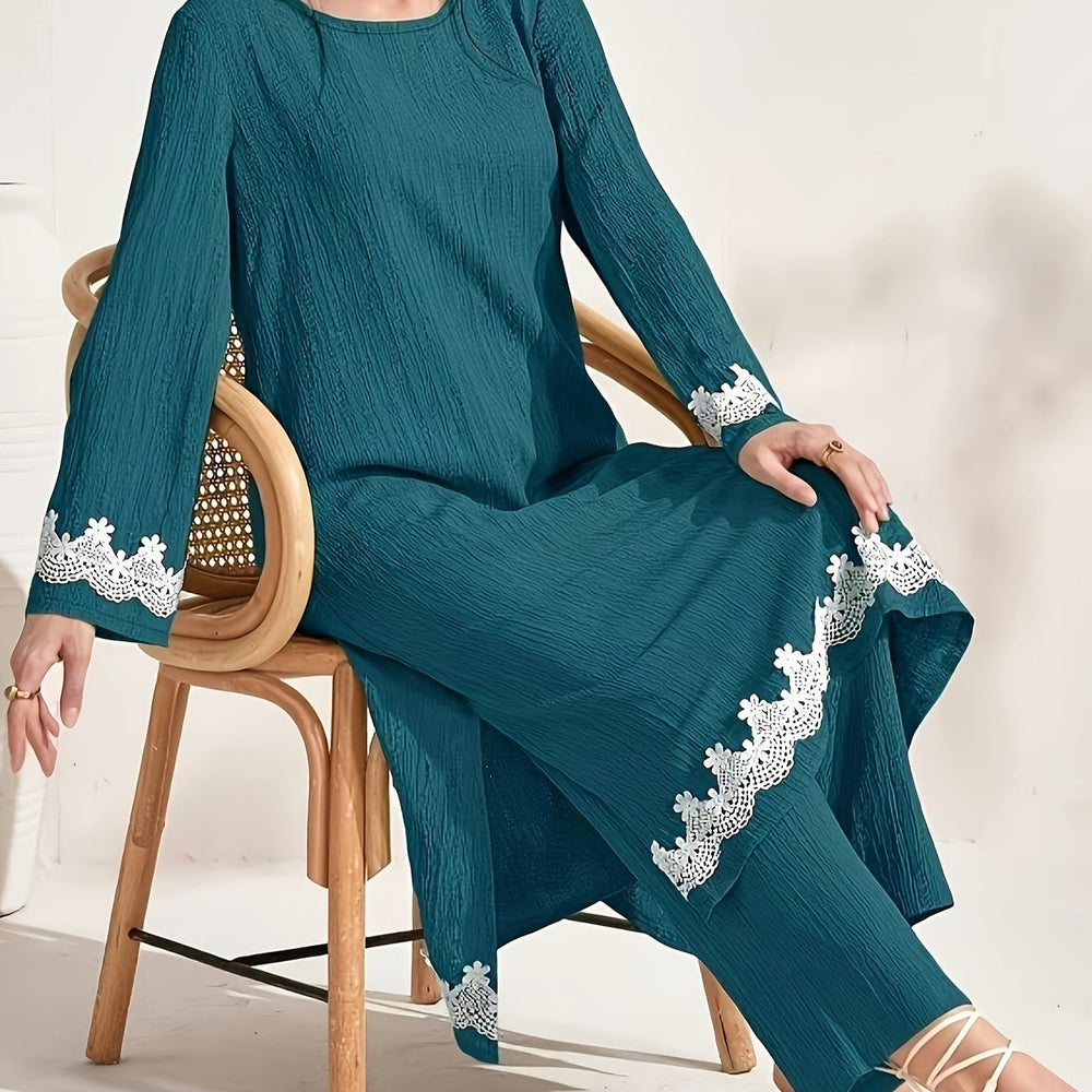 Women's summer long sexy knitted pajama set - two-piece spring/autumn crew neck loose fit casual fashion loungewear