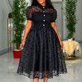 Trendy new mesh polka dot dress - cinched waist, shirt collar, black commute-ready retro style dress