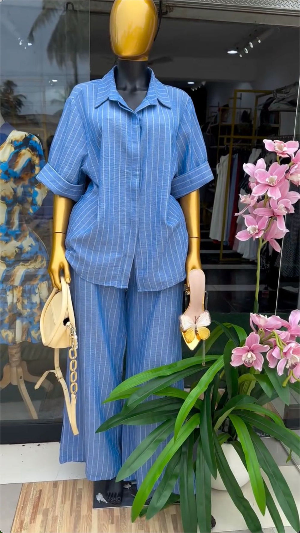 European and american cross-border women's fashion:  summer new collection - striped turn-down collar short-sleeve shirt and high-waisted wide-leg pants set