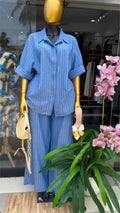 European and american cross-border women's fashion:  summer new collection - striped turn-down collar short-sleeve shirt and high-waisted wide-leg pants set
