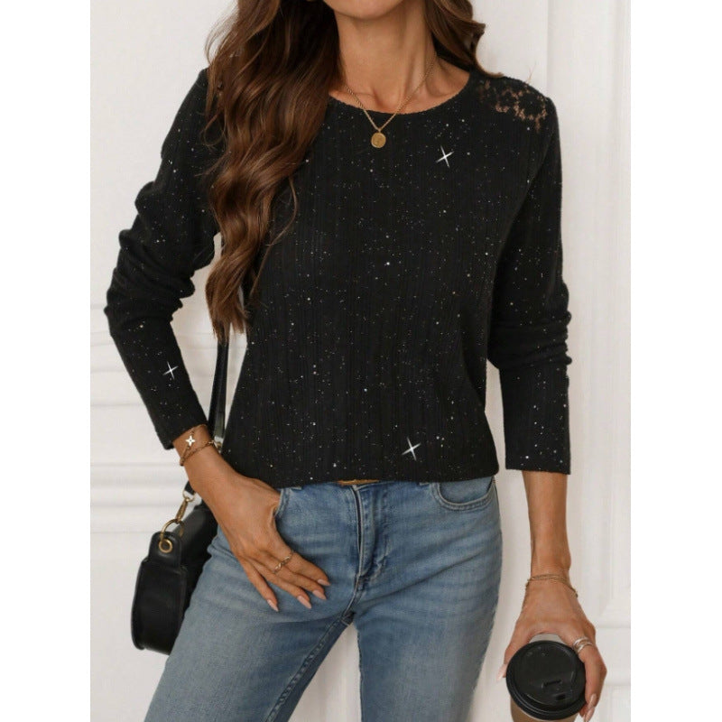 women's sequin ribbed knit sweater - long sleeve lace patch crew neck casual top