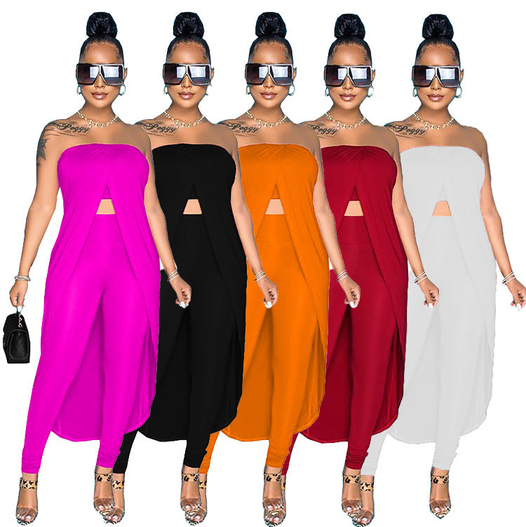 European and american export women's clothing  summer sexy hot girl fashion crop top one-shoulder solid color two-piece pants set